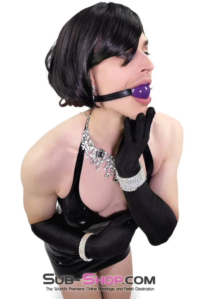0833DL-SIS      Pretty Sissy Bitch Purple Rubber Ballgag on Feminization Black Strap