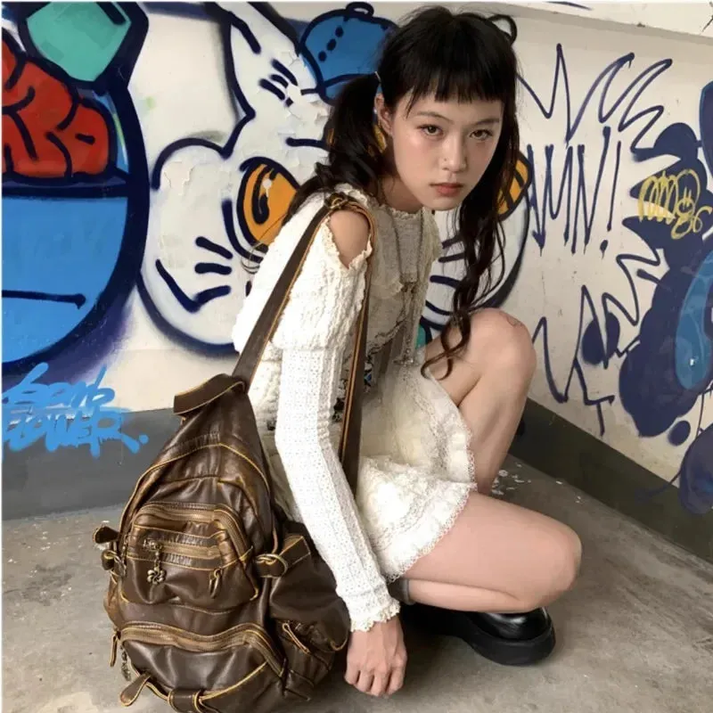 Amozae-Fall Outfits Streetwear y2k 90s Fashion Gothic  Vintage Y2k Womens Backpack Brown Original Casual Large Capacity Leather Men Travel Backpack Designer Fashion Female Bag