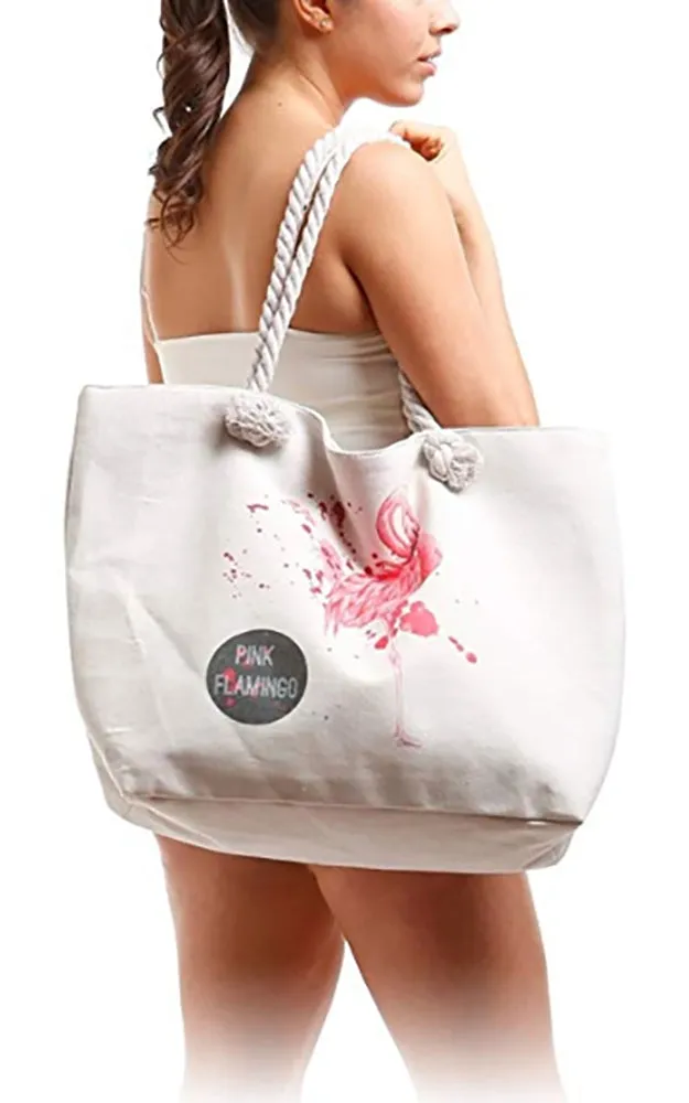 LF122 Flamingo Print Rope Handle Beach Bag