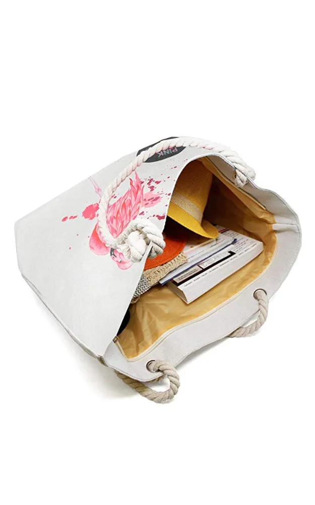 LF122 Flamingo Print Rope Handle Beach Bag