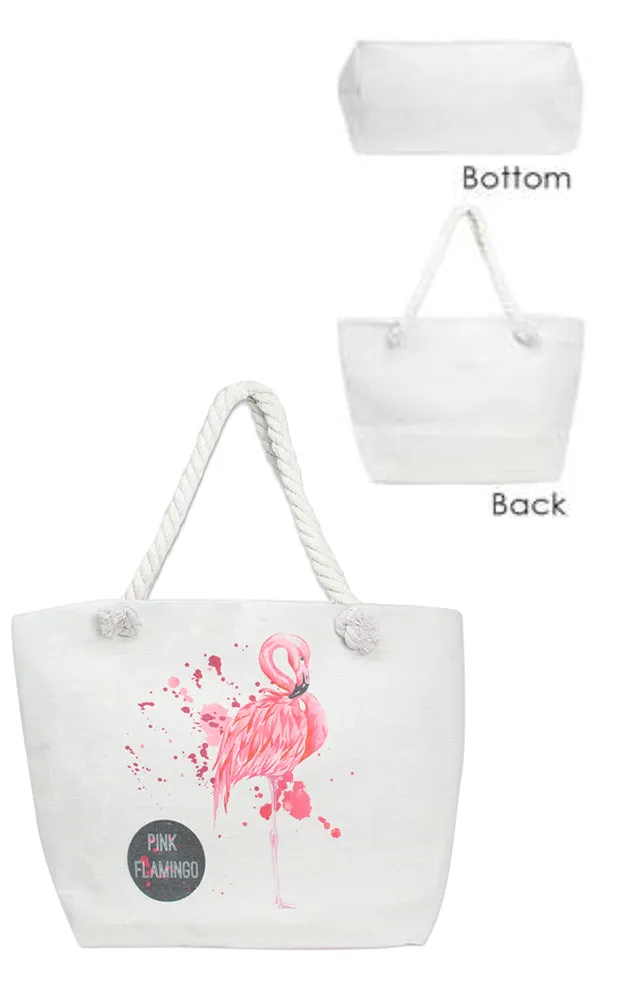 LF122 Flamingo Print Rope Handle Beach Bag