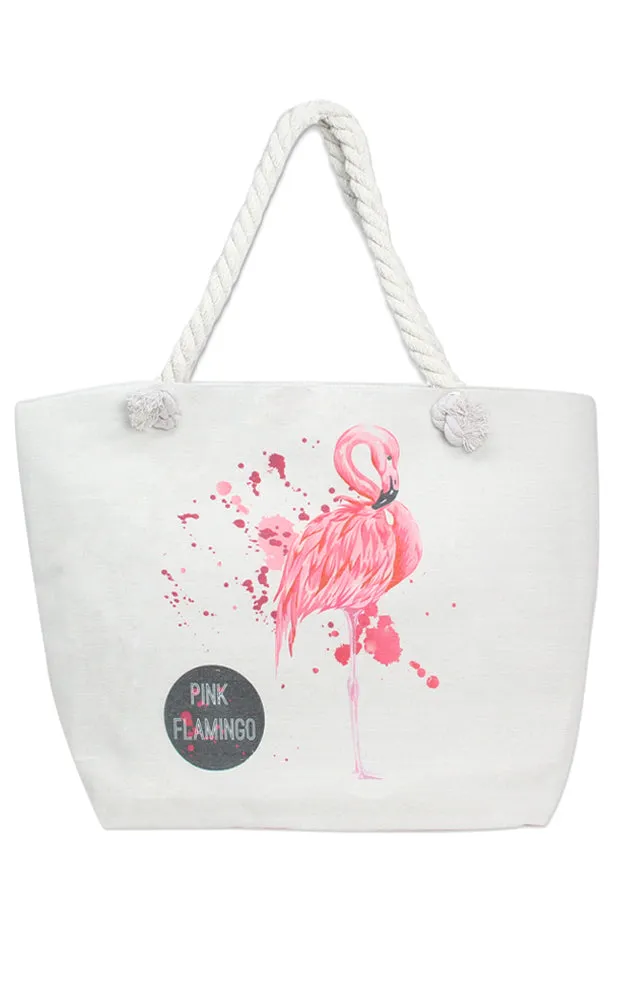 LF122 Flamingo Print Rope Handle Beach Bag