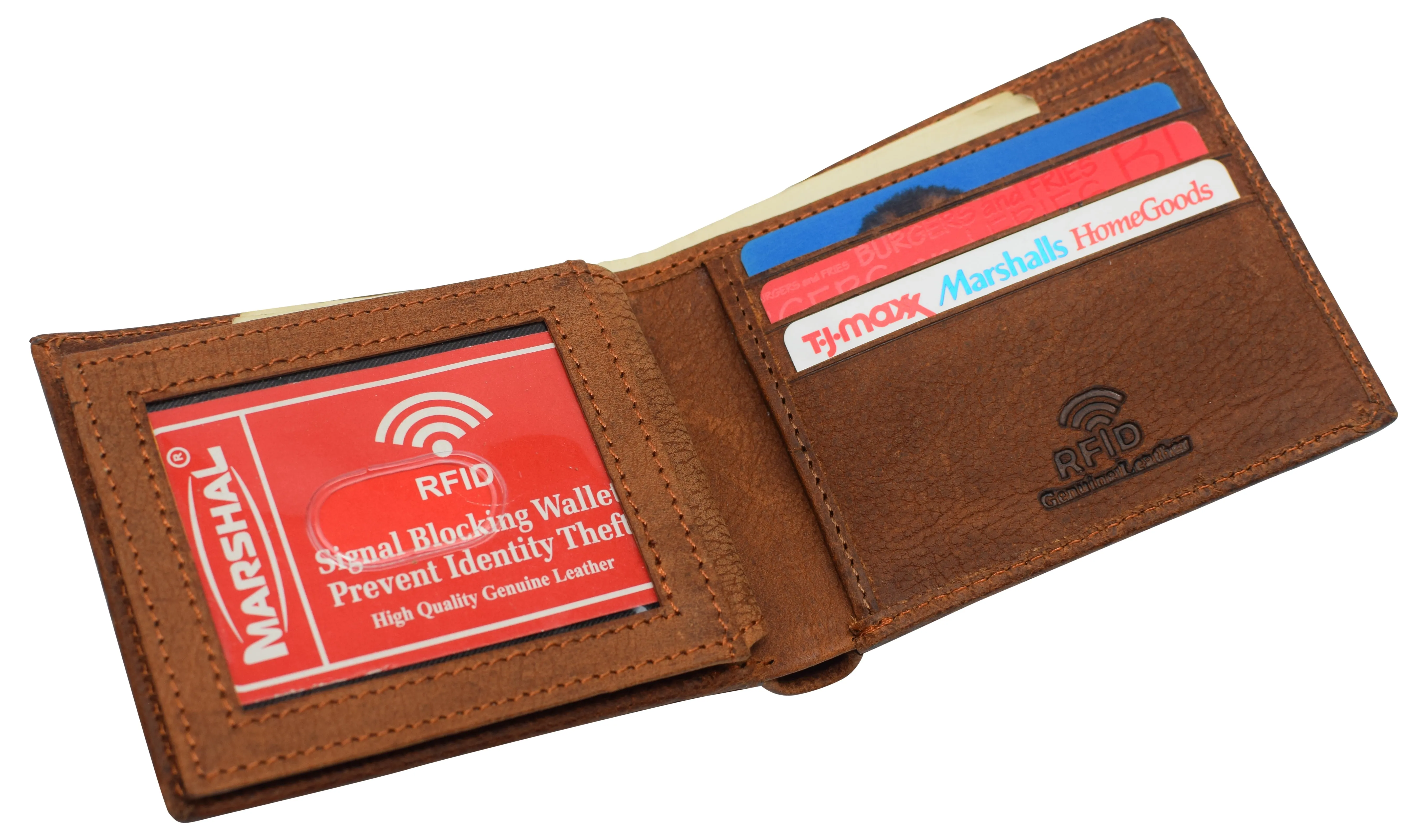 RFID52NU RFID Blocking Real Leather Slim Bifold Wallet Center ID Flap Window Engraved Logos Front Pocket Wallet for Men
