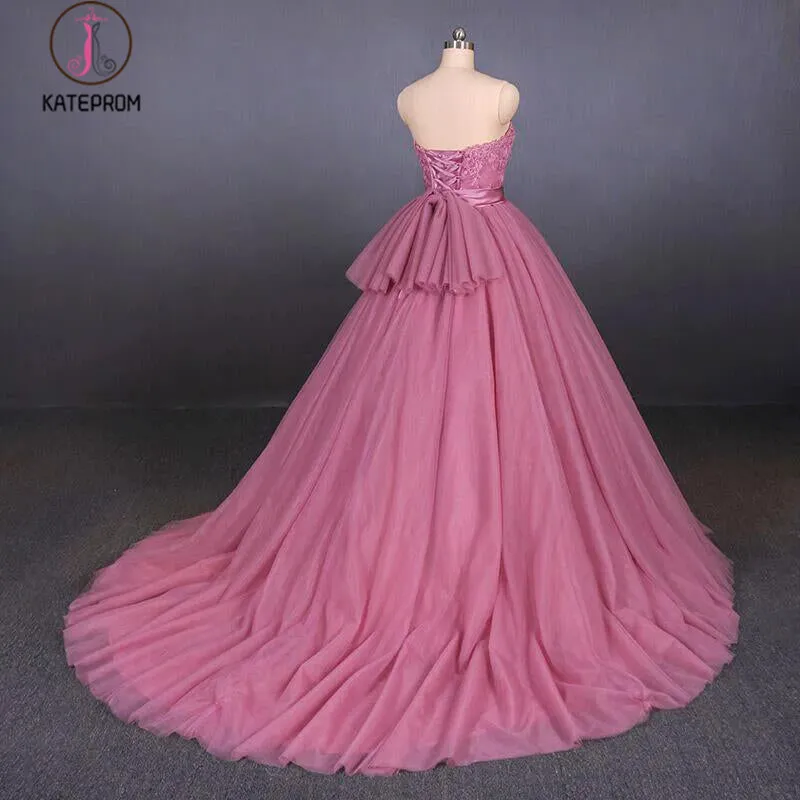 Strapless Ball Gown Wedding Dresses, Gorgeous Tulle Bridal Dress with Lace KPW0477