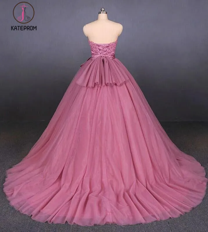 Strapless Ball Gown Wedding Dresses, Gorgeous Tulle Bridal Dress with Lace KPW0477