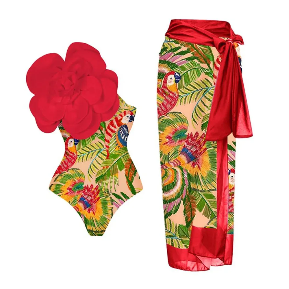 TEEK - Yellow 3D Flowers Off Shoulder Swimsuit Swimwear