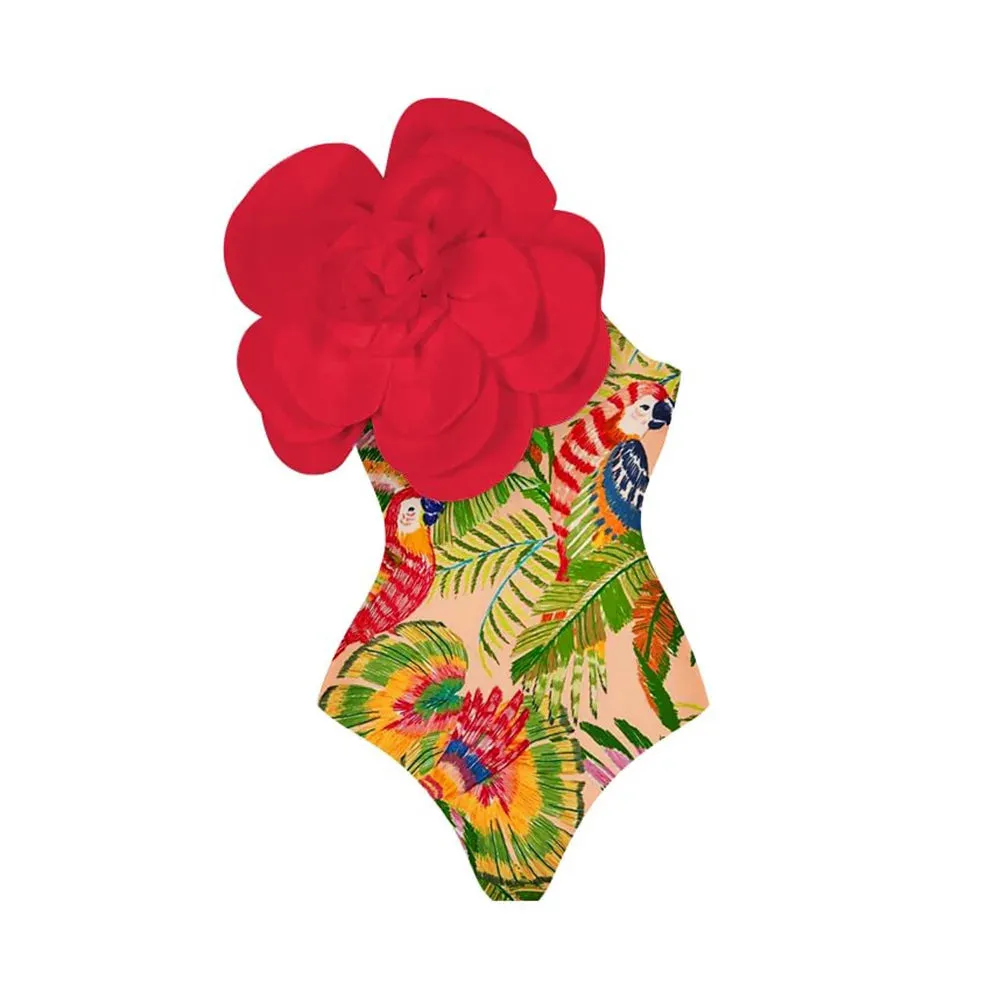 TEEK - Yellow 3D Flowers Off Shoulder Swimsuit Swimwear