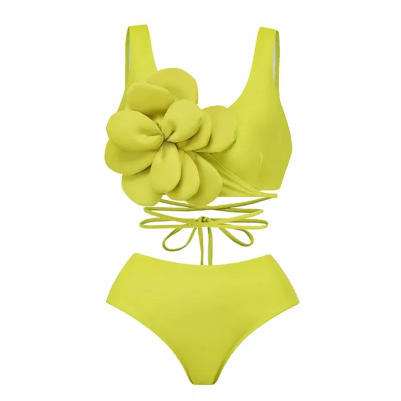 TEEK - Yellow 3D Flowers Off Shoulder Swimsuit Swimwear