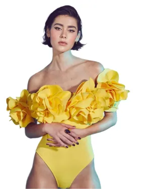 TEEK - Yellow 3D Flowers Off Shoulder Swimsuit Swimwear
