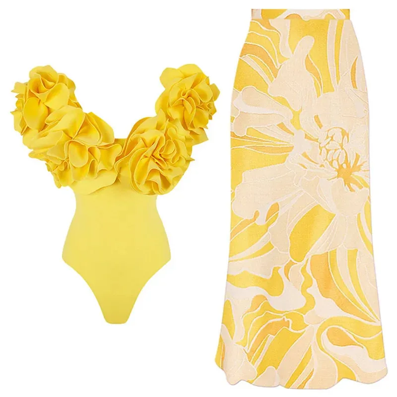 TEEK - Yellow 3D Flowers Off Shoulder Swimsuit Swimwear