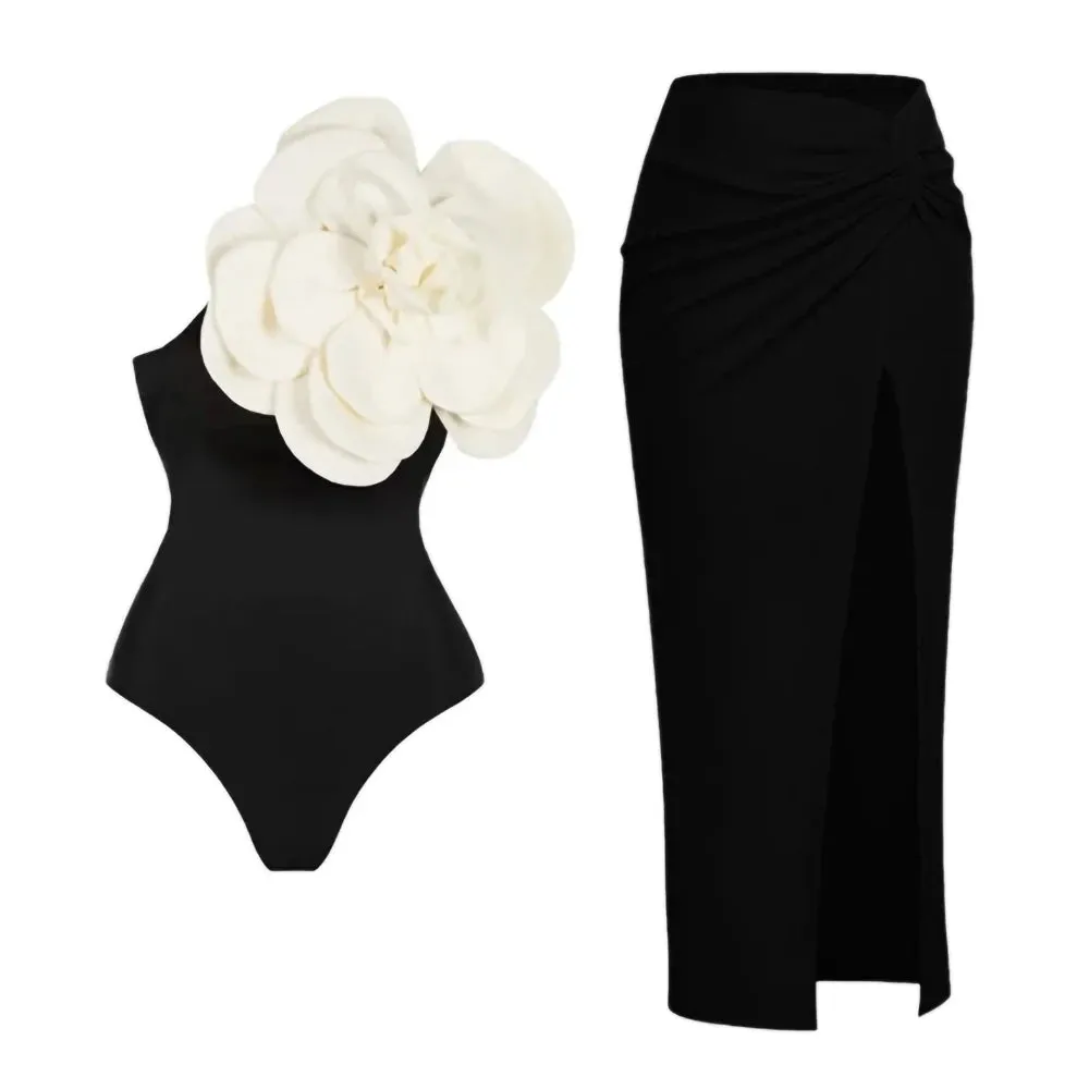 TEEK - Yellow 3D Flowers Off Shoulder Swimsuit Swimwear