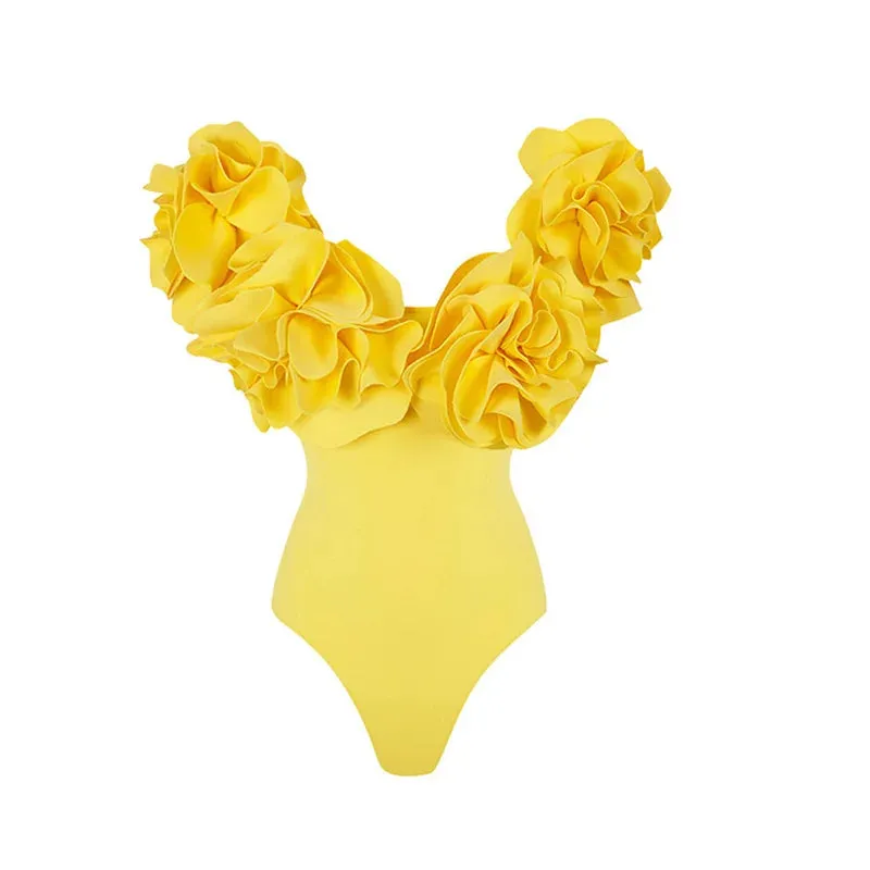 TEEK - Yellow 3D Flowers Off Shoulder Swimsuit Swimwear
