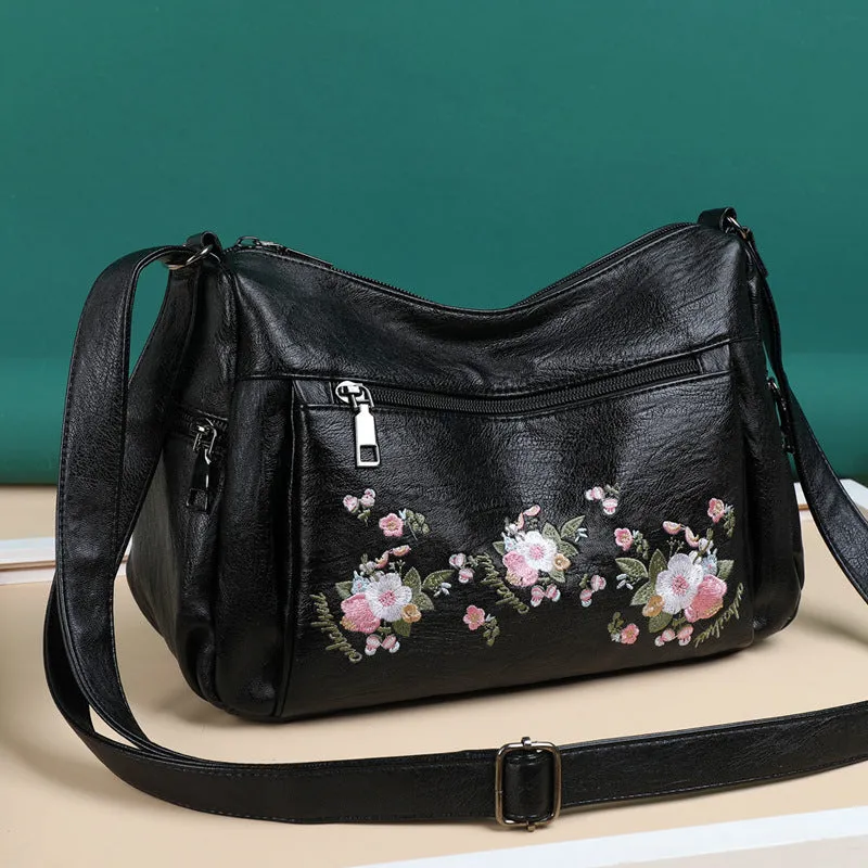 Womens Ethnic Flower Embroidered Soft Leather Crossbody Bag